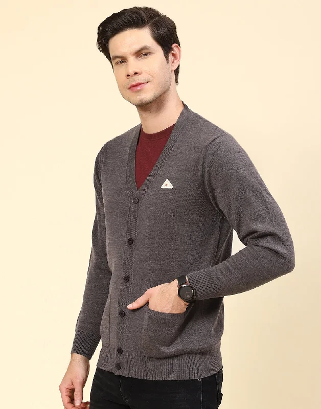 Men Grey Solid V Neck Full Sleeve Cardigan