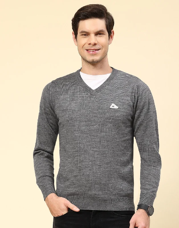 Men Grey Solid V Neck Full Sleeve Pullover