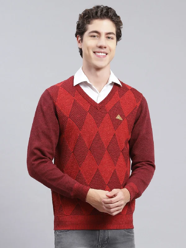 Men Maroon Printed Pure wool Pullover