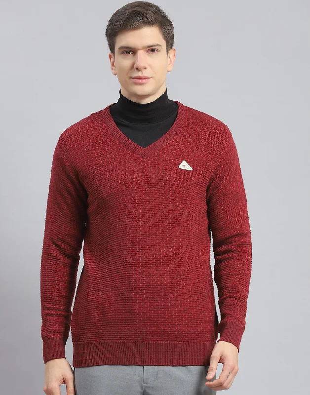 Men Maroon Self Design V Neck Full Sleeve Pullover