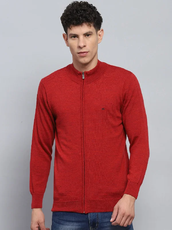 Men Maroon Solid Mock Neck Full Sleeve Pullover