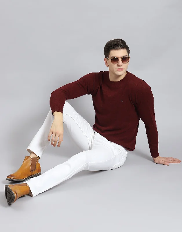 Men Maroon Solid Round Neck Full Sleeve Pullover