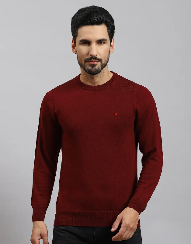 Men Maroon Solid Round Neck Full Sleeve Pullover