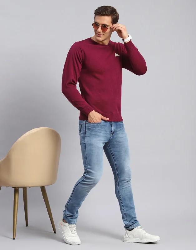 Men Maroon Solid Round Neck Full Sleeve Pullover