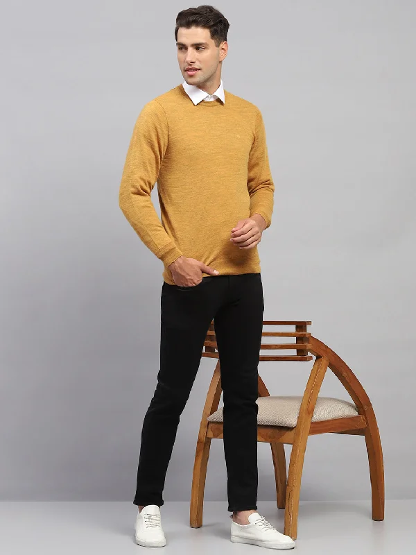 Men Mustard Solid Round Neck Full Sleeve Pullover