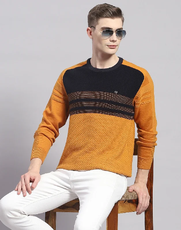 Men Mustard Solid Round Neck Full Sleeve Pullover