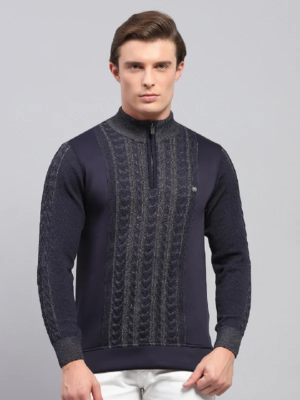 Men Navy Blue Self Design Mock Neck Full Sleeve Pullover