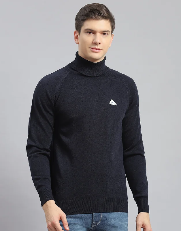 Men Navy Blue Solid High Neck Full Sleeve Pullover