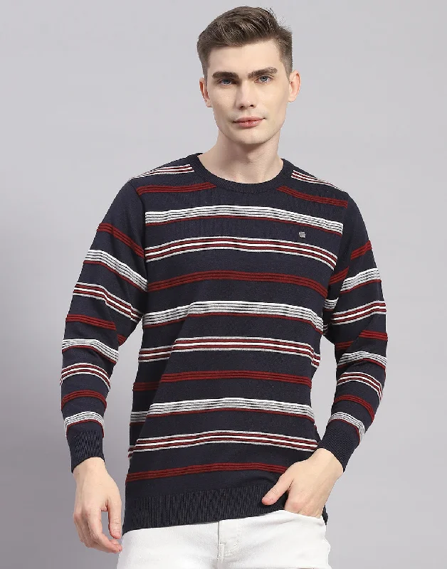 Men Navy Blue Stripe Round Neck Full Sleeve Pullover