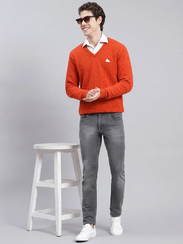 Men Orange Self Design Lamb wool Pullover