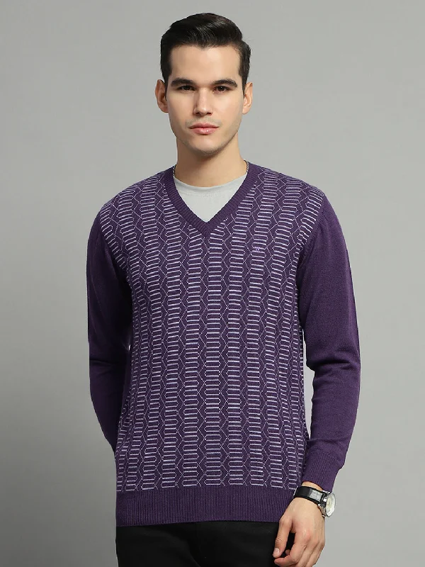 Men Purple Self Design V Neck Full Sleeve Pullover