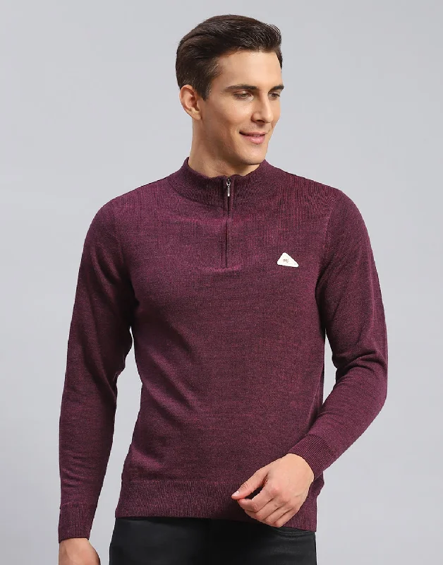 Men Purple Solid High Neck Full Sleeve Pullover