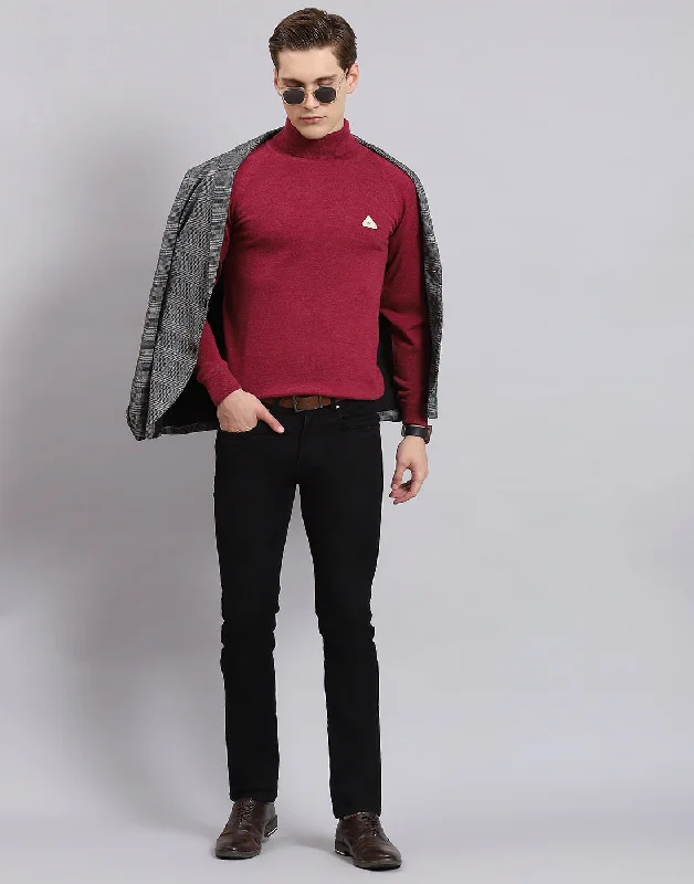 Men Purple Solid High Neck Full Sleeve Pullover