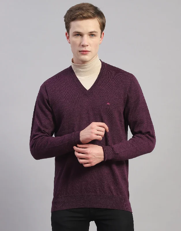 Men Purple Solid V Neck Full Sleeve Pullover