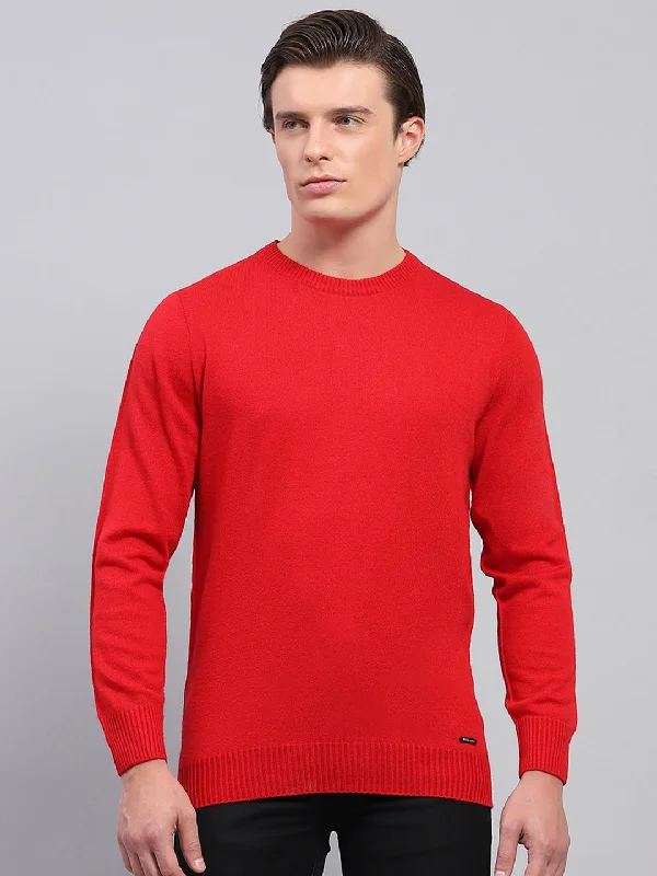 Men Red Solid Round Neck Full Sleeve Pullover