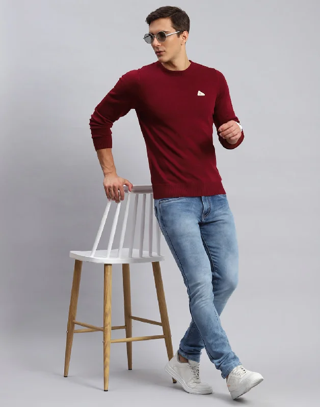 Men Red Solid Round Neck Full Sleeve Pullover