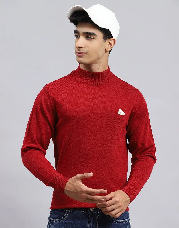 Men Red Solid Turtle Neck Full Sleeve Pullover