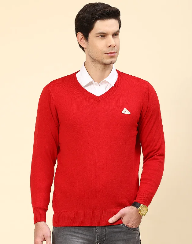 Men Red Solid V Neck Full Sleeve Pullover