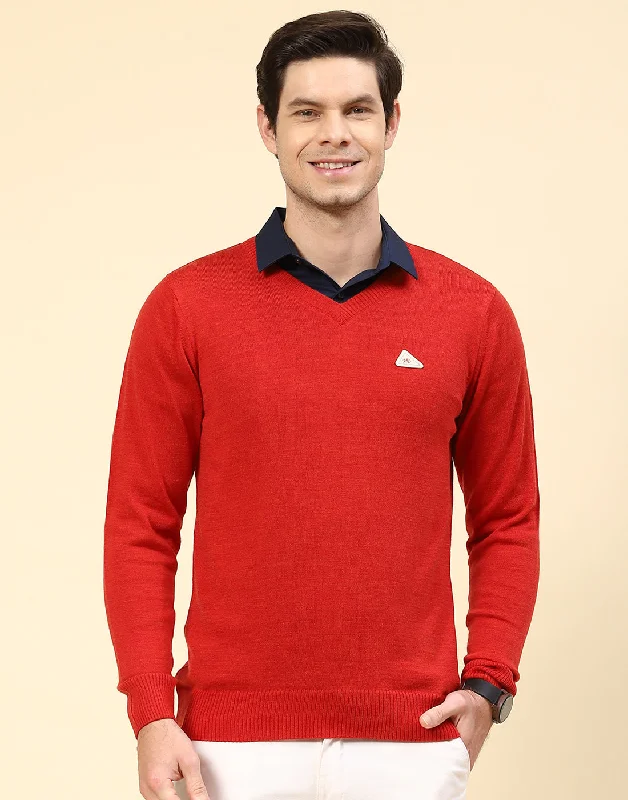 Men Red Solid V Neck Full Sleeve Pullover