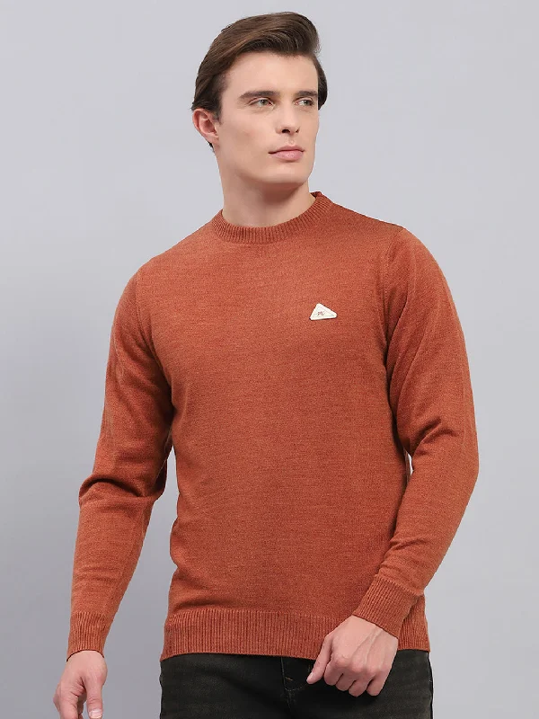 Men Rust Solid Round Neck Full Sleeve Pullover