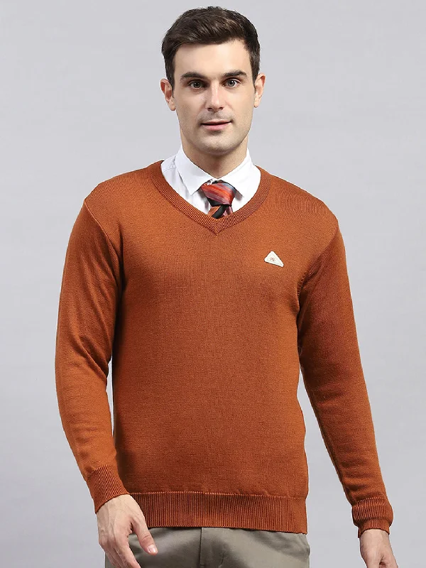 Men Rust Solid V Neck Full Sleeve Pullover