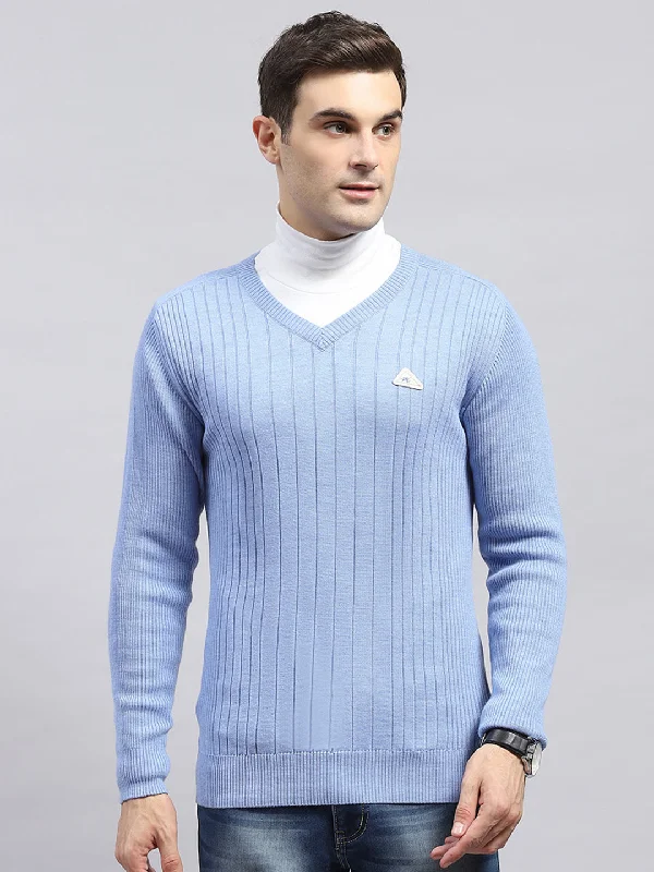 Men Sky Blue Solid V Neck Full Sleeve Pullover