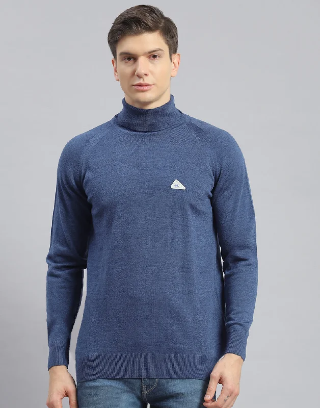 Men Teal Blue Solid H Neck Full Sleeve Pullover