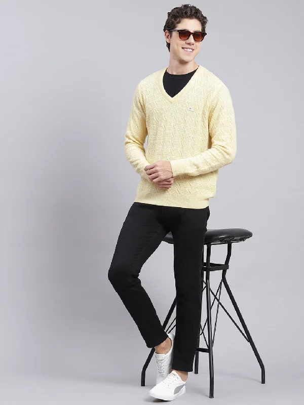 Men Yellow Self Design Lamb wool Pullover