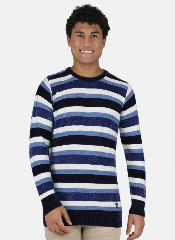 Men Blue & White Self Design Pullover