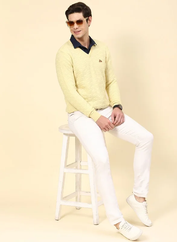 Men Yellow Self Design Pure wool Pullover