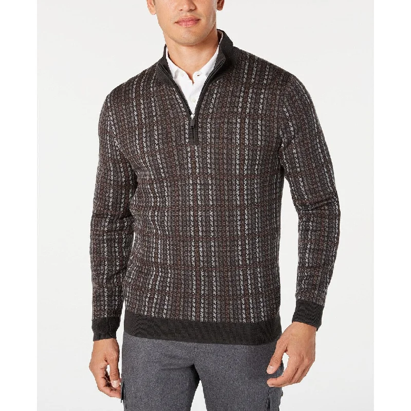 Tasso Elba Men's Plaid 1/4-Zip Supima Cotton Sweater Gray Size Large