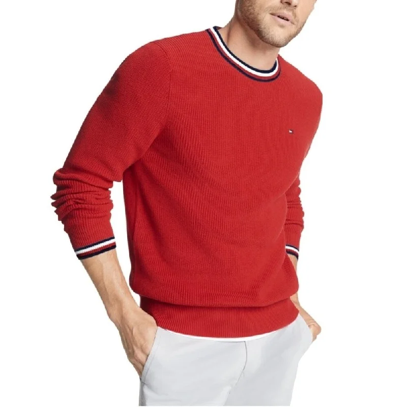 Tommy Hilfiger Men's Geneva Tipped Ribbed Knit Sweater Red Size Medium