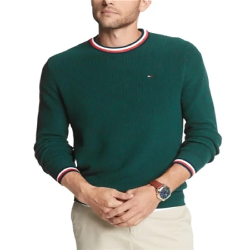 Tommy Hilfiger Men's Regular Fit Tipped Ribbed Knit Sweater Green Size Medium