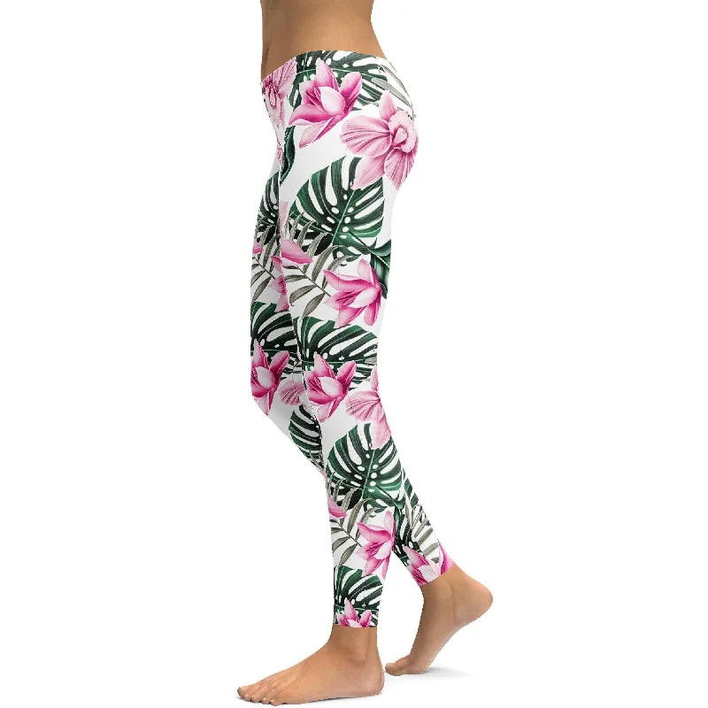 Tropical Floral White Leggings